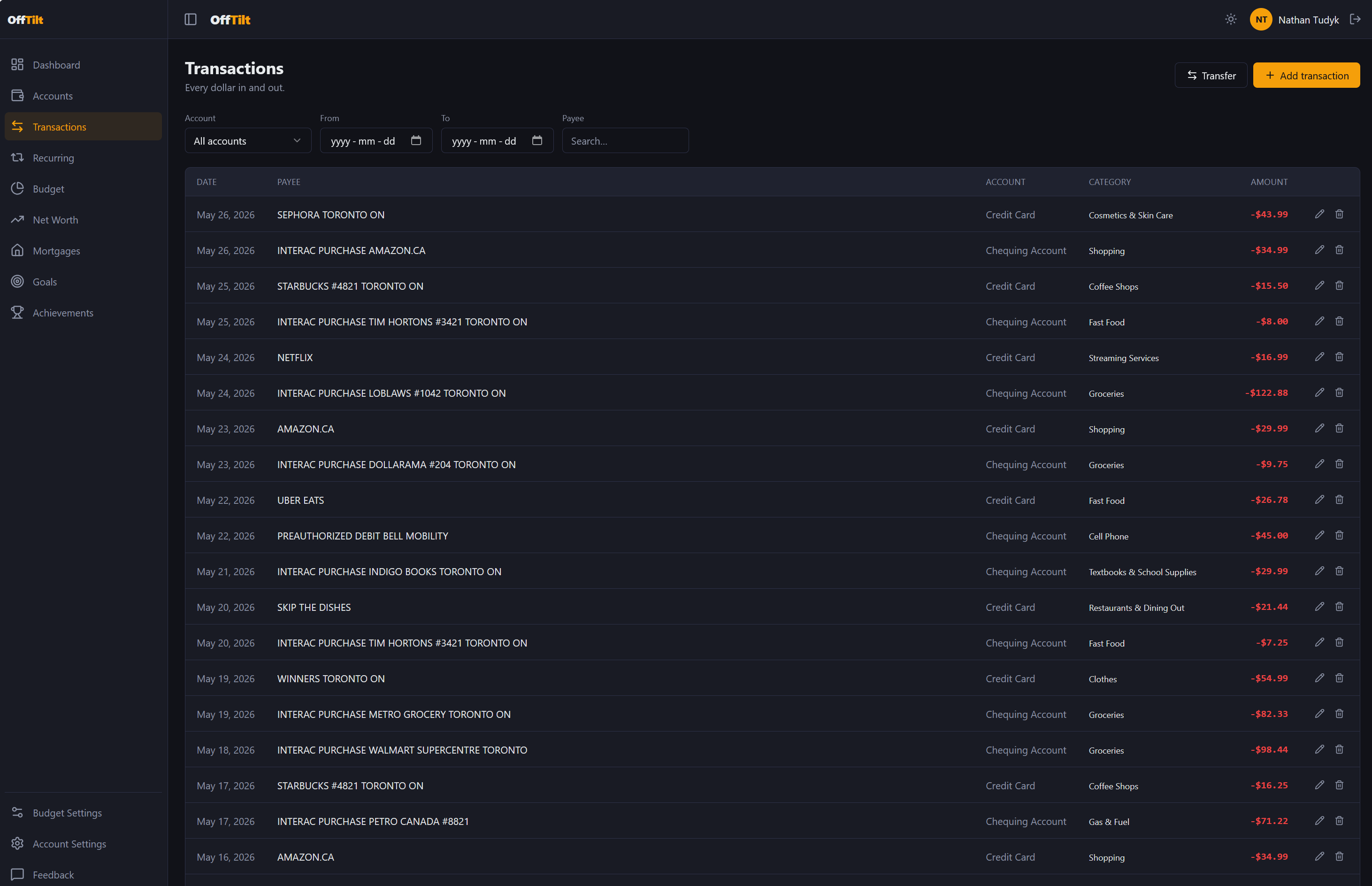 OffTilt transactions screenshot